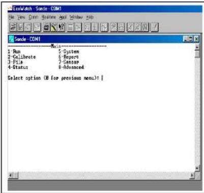 Ecolwatch - Sample COM1 File Edit View Help Window Help Sample COM1 Run System Calibrate E-Report File Sensor Status E-Advanced Select option (B for previous menu):
