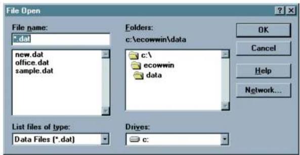 File Open File name: *.dat new.dat office.dat sample.dat Folders: c:\ecowwin\data c:\ ecowwin data List files of type: Data Files (*.dat) Drives: c:
