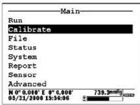 Main Run Calibrate File Status System Report Sensor Advanced N° 0.000' E 0° 0.000' 05/31/2000 13:56:06 739.3mmHg