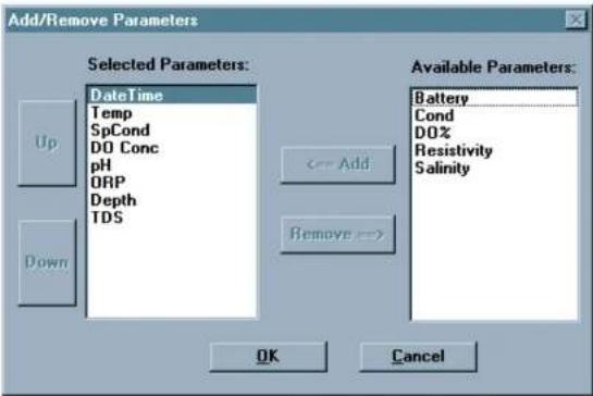 Add/Remove Parameters Selected Parameters: DateTime Temp SpCond DO Conc pH ORP Depth TDS Up Down << Add Remove --> Available Parameters: Battery Cond DO% Resistivity Salinity OK Cancel