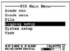 650 Main Menu Sonde run Sonde menu File Logging setup System setup Test N° 0,000' E 0' 0,000' 02/20/2008 16:27:11 741.5mg 741.5mg