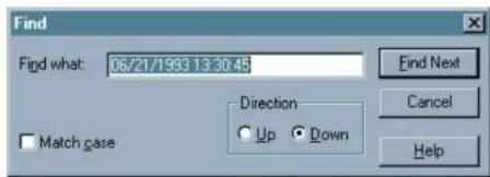 Find Find what: 06/21/1933 13:30:45 Find Next Direction Up Down Match case Cancel Help