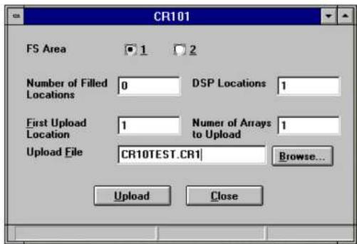 CR101 FS Area 1 2 Number of Filled Locations 0 DSP Locations 1 First Upload Location 1 Numer of Arrays to Upload 1 Upload File CR10TEST.CR1 Browse... Upload Close