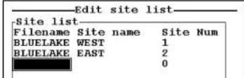 Edit site list Site list Filename Site name Site Num BLUELAKE WEST 1 BLUELAKE EAST 2 0