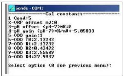 Sonde - COM1 ----Cal constants---- 1-Cond:5 2-ORP offset mV:0 3-pH offset *K:0 4-pH gain *K/mV:-5.05833 5-ODO gain:1 6-ODO T0:2.13232 7-ODO K1:2.13232 8-ODO K2:0.43492 9-ODO K3:2.55609 A-ODO K4:27.993? Select option (0 for previous menu):