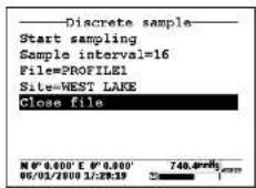 Discrete sample Start sampling Sample interval=16 File=PROFILE1 Site=WEST LAKE Close file N 0" 0.000" E 0" 0.000" 05/01/2009 11:29:39 748.4mV