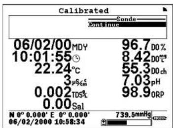 Calibrated 06/02/00 MDY 96.7 DO% 10:01:55 ① 8.42 DO° 22.24°C 55.3 DO ch 3 μS cm⁻¹ 7.03 pH 0.002 TDS% 98.9 ORP 0.00 Sal N 0° 0.000' E 0° 0.000' 06/02/2000 10:58:34 739.5mmHg