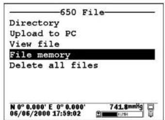 650 File Directory Upload to PC View file File memory Delete all files N 0° 0.000' E 0° 0.000' 06/06/2000 17:59:02 741.8mmHg