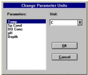 Change Parameter Units Parameters: Temp Sp Cond DO Conc pH Depth Unit: C OK Cancel