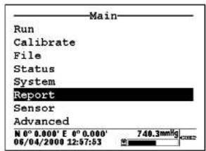 Main Run Calibrate File Status System Report Sensor Advanced N 0°0.000' E 0°0.000' 06/04/2000 12:57:53 740.3mmHg CODE