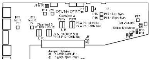 J9 & 10 P14 P13 J13 CF L Trim C/F R Trim Cleanfeed A P75 P88 P5 & P6 Top Nul P7 & P6 100Hz Null L R P8 & P10 MHz Null P11 & P12 100Hz Null J6 R J12 P15 P16 P15 = Left Sym. P16 P16 = Right Sym. P17 Sat VCA 10kR Stereo Mix Mirus J4.3b J6 J10 LK8 LK9 LK10 LK11 JP1 Trim L P1 JP1 Trim R P2 Cleanfeed B P11P3 P13P12 L R P8 & P10 MHz Null P11 & P12 100Hz Null