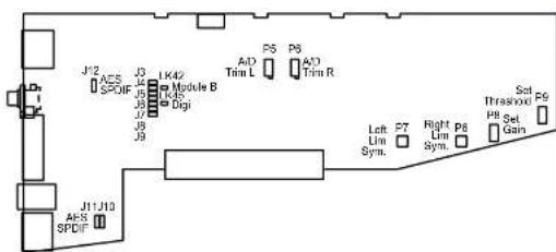 J12 AES SPDIF J3 J6 J8 J9 LK42 Module B KDS Digi A/D Trim L PS PS A/D Trim R J11J10 AES SPDIF Left Lm Sym. P7 Right Lm Sym. P8 Set Threshold P6 Gain