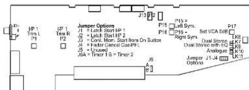 J13 P12 J1 = Latch Short JP 1 J2 = Latch Short JP 2 J3 = Cont. Motor Start from On Button J4 = Padler Control Coil/FF+ J5 = Unused J6A = Timer 1 B = Timer 2 J5 P15 = Left Sym. P16 = Left Sym. P17 = Set VCA t0dB Right Sym. Dual Stomp Dual Stomp with FC Analogus Jumper Options J1-3J4 K11