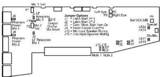 Mio 1 Iram P5 J6 Phantom Power Mio 1 J8 Phantom Power Mio 2 J10 LIF Response Mic 1 J11 J8 Mio 2 Trans J12 J8 LIF Response Mic 1 J13 J14 J15 LT C-2 Jumper Options J1 = Latch Start UP 1 J2 = Latch Start UP 2 J3 = Cont. Mom. Start from Or J4 = Fader Cancel Cus/PH J16 = Mic Input Speaker Minding J17 = Line Input Spencer Minding Left Sym P6 Right Sym P5 Sst VCA 3dB Special LK24 LK25 Mio/Mic LK17 LK16