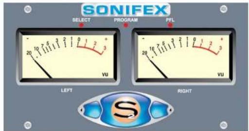 SONIFEX SELECT PROGRAM PFL 20 10 7 5 3 2 1 0 1 2 3 vu LEFT 20 10 7 5 3 2 1 0 1 2 3 vu RIGHT