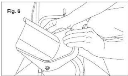 Line drawing of hands installing or adjusting a device on a chair (no text or symbols)