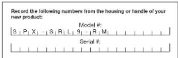 Record the following numbers from the housing or handle of your new product: Model #: S | P | X | - | S | R | L | 9 | - | R | M | Serial #: