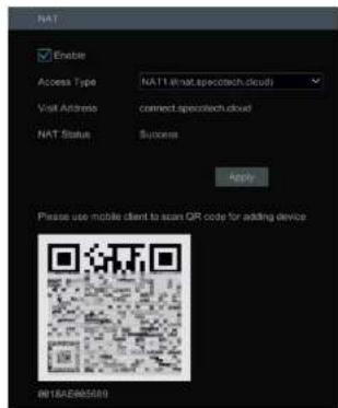 NAT Enable Access Type: NAT1 (at.nat.specotech.cloud) Visit Address: connect.specotech.cloud NAT Status: Success Apply Please use mobile client to scan QR code for adding device 081624965500