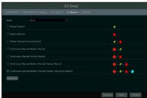 EZ Setup Mode Auto ● Matus Record ● Sensor Record ○ Maken Record+Sensor Record ○ Continuous Record+Mulsion Record ○ Continuous Record+Mulsion Record ○ Continuous Record+Mulsion Record+Sensor Record ● Continuous Record+Mulsion Record+Sensor Record+Mulsion Record OK Cancel Preview Next Cancel