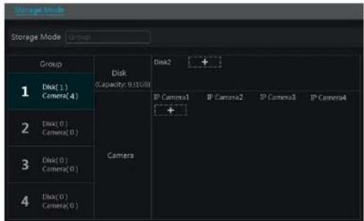 Storage Mode Storage Mode Group Group Disk (Capacity: 9.13 GB) Disk2 + 1 Disk(1 ) Camera(4) 2 Disk(0 ) Camera(0) 3 Disk(0 ) Camera(0) 4 Disk(0 ) Camera(0) Camera IP Camera1 IP Camera2 IP Camera3 IP Camera4 +