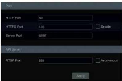 Port HTTP Port 88 HTTPS Port 443 Enable Server Port 6836 API Server RTSP Port 554 Anonymous Apply