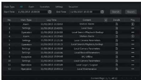Main Type Start Time 11/03/2015 15:00:00 Main Type Log Time End Time 11/03/2015 15:00:00 No. Main Type Comment Details Play 1 Alarm 11/03/2015 15:58:53 Motion Alarm 2 Settings 11/03/2015 15:43:01 Local Basic 3 Operation 11/03/2015 15:34:53 Local Search/Playback/backup 4 Alarm 11/03/2015 15:25:43 Motion Alarm 5 Settings 11/03/2015 15:25:38 Local Camera Parameters 6 Operation 11/03/2015 15:20:18 Local Search/Playback/backup 7 Settings 11/03/2015 15:05:38 Local Camera Parameters 8 Settings 11/03/2015 15:05:06 Local Record Parameters 9 Exception 11/03/2015 15:04:48 IPC Offline 10 Settings 11/03/2015 15:04:46 Local Camera Parameters 11 Operation 11/03/2015 15:03:49 Local Logon / Logon 12 Operation 11/03/2015 15:03:12 Local Maintenance Current Page 1 / 1, AB 12