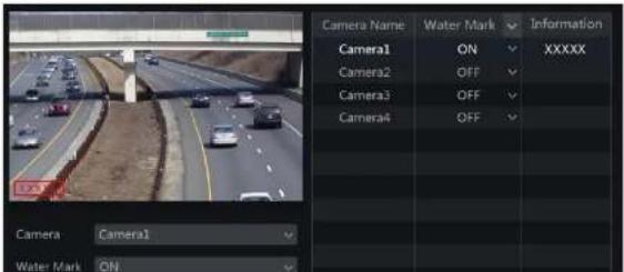 Camera Name Water Mark Information Camera1 ON XXXXX Camera2 OFF Camera3 OFF Camera4 OFF Camera Camera1 Water Mark ON
