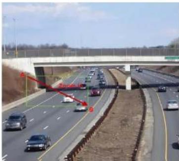 Highway photo with visible lane markings and traffic flow, showing vehicles and a bridge structure with red annotations.