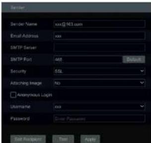 Sender Sender Name: xxx@163.com Email Address: xxx SMTP Server SMTP Port: MIE Security: SSL Attaching Image: No Anonymous Login Username: xxx Password: User Password Set Properties: Test Apply