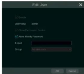 Edit User □ Enable Username admin □ Open Permission Control □ Alone Modify Password E-mail Group Administration OK Cancel
