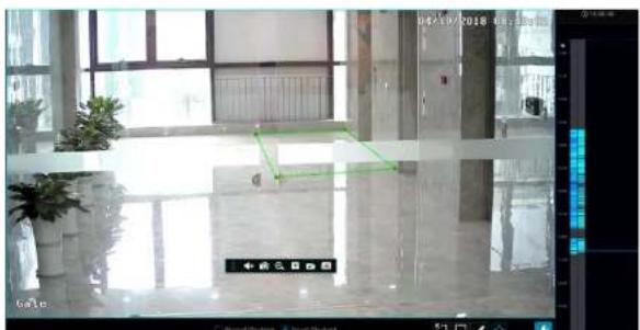 Street photo with visible store signboards and a green overlay on a glass interior