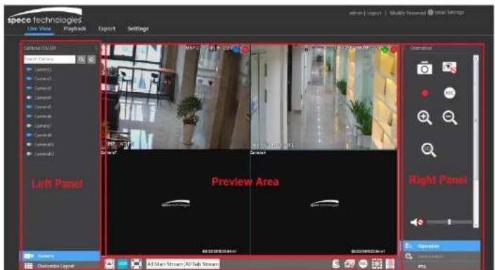 speco technologies Live View Playback Export Settings Camera 2023 Left Panel Preview Area Right Panel Camera Outlooker Layout All Main Stream All Sub Stream