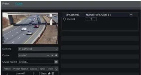 Preset Cruise IP Camera1 Number of Cruise(1) cruise1 + Camera IP Camera1 Cruise cruise1 Cruise Name: cruise1 10 Preset Preset Name Speed Time Edit 1 preset1 5 5 Secs