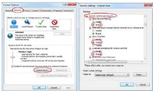 Security Settings - Internet Zone Select a zone to save or change security settings. Local Invertort Trusted site Restricted zone Internet The zone is for Internet modules, except traffic limited in trusted and restricted sites. Security level for this zone Advanced levels for the zone medium to high Fieldset-high Parameters for weak reduces Information before downloading potentially unsafe content Unassigned activity controls will not be downloaded Disable protected home (Improving center for Internet Explorer) Custom Level Default Level Active controls and plugins Allow Active filtering Include Include Allow non-untreated Active controls to run without program Include Include Allow Switches Include Include Apply prompting for Active controls Include Include Apply other feedbacks Allow interaction protocol Take effect after you submit your computer. Enter control settings Options to Maintain High (Default)... OK Cancel