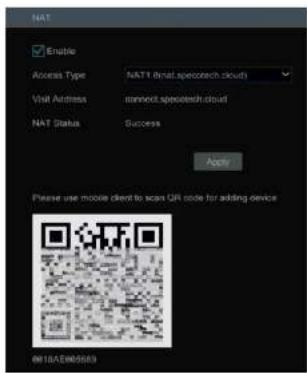 NAT Enable Access Type: NAT1 Email specioTech cloud Visit Address: nmvect.specioTech cloud NAT Status: Success Apply Please use mobile client to scan QR code for adding device AN10A2E96583