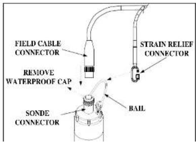 FIELD CABLE CONNECTOR REMOVE WATERPROOF CAP SONDE CONNECTOR BAIL STRAIN RELIEF CONNECTOR