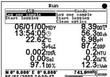 Run 650 Sonde Log one sample Start logging Log one sample Start logging Clean optics 06/01/00MDY 13:54:05⑤ 22.62°C 3μs%c 0.002TDS% 0.00Sal 97.1DO% 8.39DO° 56.3DOch 6.98pH 87.2ORP 0.2NTU -0.2CH%* 12.3E-Volt N 0° 0.000' E 0° 0.000' 06/01/2000 14:50:42 741.0mmHg