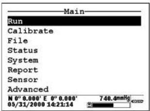 Main Run Calibrate File Status System Report Sensor Advanced N 0° 0.000' E 0° 0.000' 05/31/2000 14:21:14 746.4mmHg 420022