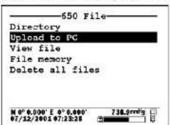 650 File Directory Upload to PC View file File memory Delete all files M 0° 0.000' E 0° 0.000' 07/12/2001 07:23:28 738.9m²/s