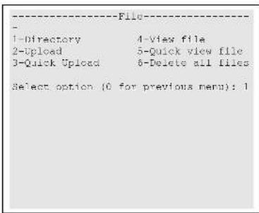 ----File---- 1-Directory 4-View file 2-Upload 5-Quick view file 3-Quick Upload 6-Delete all files Select option (0 for previous menu): 1