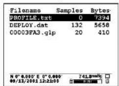 Filename Samples Bytes PROFILE.txt 0 7394 DEPLOY.dat 132 5658 C0003F4A3.glp 20 410 N° 0.000' E 0" 0.000' 741.8m/s 09/11/2001 in2h00