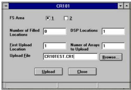 CR101 FS Area ● 1 ○ 2 Number of Filled Locations 0 DSP Locations 1 First Upload Location 1 Numer of Arrays to Upload 1 Upload File CR10TEST.CR1 Browse... Upload Close
