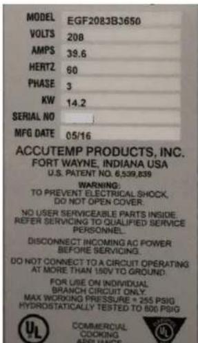 AccuTemp AccuSteam EGF2401A2450-T1 - EQUIPMENT DATA PLATE - 1