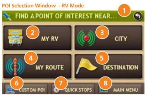 POI Selection Window - RV Mode FIND A POINT OF INTEREST NEAR... 1 2 MY RV 3 CITY 4 MY ROUTE 5 DESTINATION 6 CUSTOM POI 7 QUICK STOPS 8 MAIN MENU