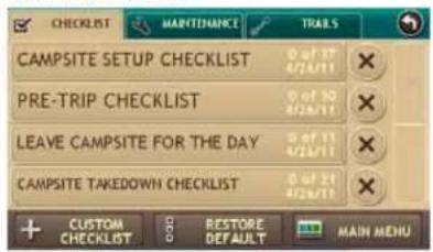 CHECKLIST MARTENANCE TRALS CAMPSITE SETUP CHECKLIST 0 of 17 4/26/11 PRE-TRIP CHECKLIST 0 of 10 4/26/11 LEAVE CAMPSITE FOR THE DAY 0 of 11 4/26/11 CAMPSITE TAKEDOWN CHECKLIST 0 of 21 4/26/11 CUSTOM CHECKLIST RESTORE DEFAULT MAIN MENU