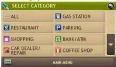 SELECT CATEGORY ALL GAS STATION RESTAURANT PARKING SHOPPING BANK/ATM CAR DEALER/ REPAIR COFFEE SHOP MAIN MENU