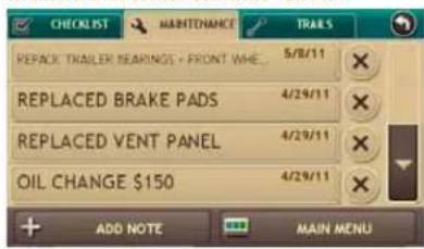 REPACK TRAILER BEARINGS + FRONT WHE... 5/8/11 REPLACED BRAKE PADS 4/29/11 REPLACED VENT PANEL 4/29/11 OIL CHANGE $150 4/29/11 + ADD NOTE MAIN MENU