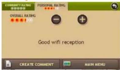 COMMUNITY RATING OVERALL RATING PERSONAL RATING GOOD WIFI RECEPTION CREATE COMMENT MAIN MENU