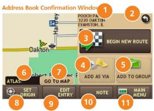 Address Book Confirmation Window 1 2 3 BEGIN NEW ROUTE 4 5 6 7 8 9 10 NOTE MAIN MENU