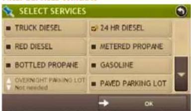 SELECT SERVICES ■ TRUCK DIESEL ■ RED DIESEL ■ BOTTLED PROPANE OVERNIGHT PAKING LOT Not needed 24 HR DIESEL METERED PROpane GASOLINE PAVED PARKING LOT OK